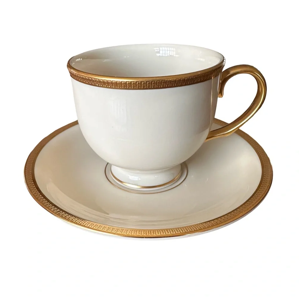 LENOX Tuxedo Collection Ivory Bone China Cup & Saucer (set of 3) Gold Encrusted